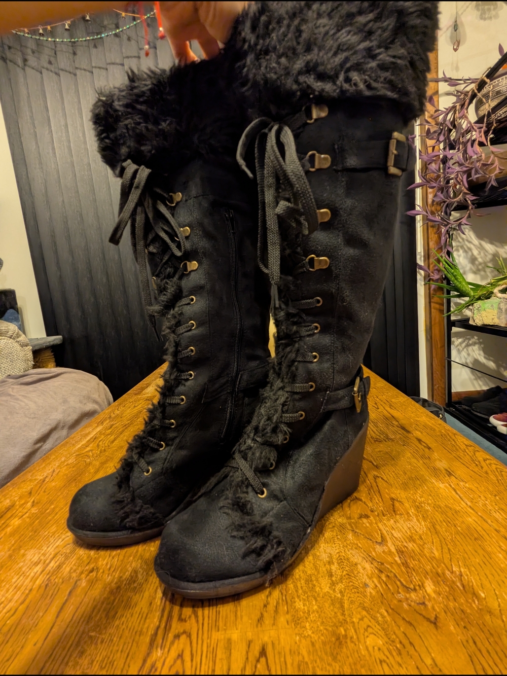 BAMBOO Black Faux-Fur Lace-Up Wedge Boots